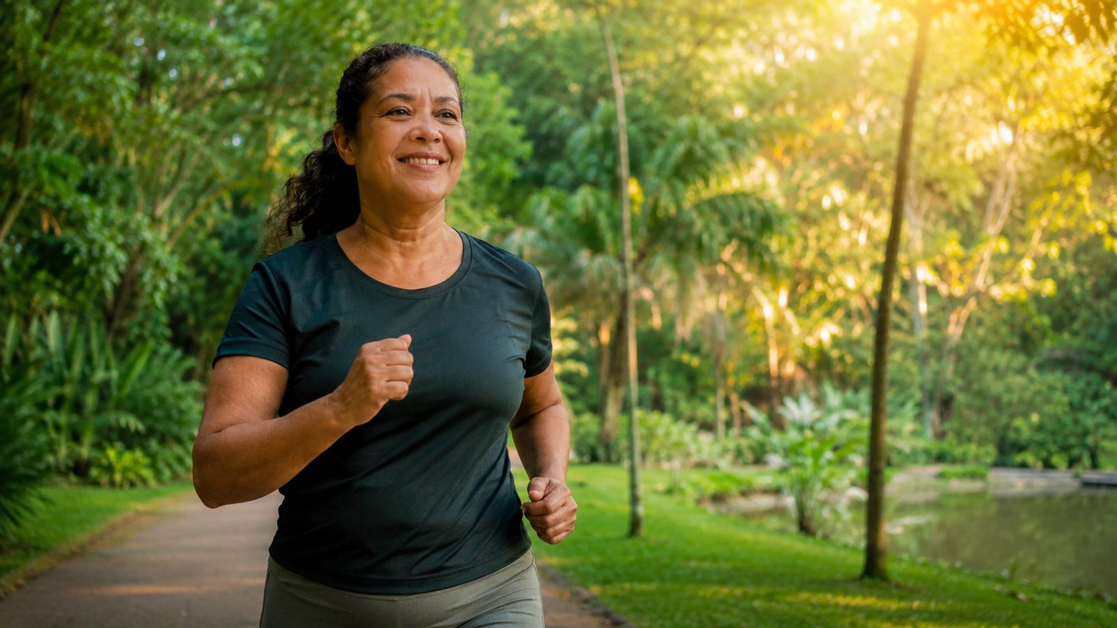 Mulher sorrindo durante caminhada em parque arborizado
